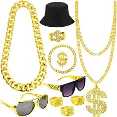 PRICES MAY VARY. 【Hip Hop Costume】- Our gold chain costume accessories include 2 pairs of punk sunglasses, 1 chunky fake gold chain, 1 dollar sign necklaces, 1 fake gold bracelet, 5 lucky gold-plated rings, 1 black hat, a great choice of props for your 80's and 90's dress up and hip-hop party costumes or specific outfits. 【IMITATION GOLD NECKLACE / BRACELET / RING】- Bracelets, rings and dollar sign chain are made with exclusive craftsmanship, made of alloy gold plating (eco-friendly) and sparkli Gold Metal Jewelry For Costume Party, Gold Halloween Party Jewelry, Gold Novelty Jewelry For Party, Party Jewelry With Plastic Chain, Novelty Party Jewelry Made Of Plastic, Novelty Plastic Party Jewelry, 90s Hip Hop Costume, 90s Dress Up, Rapper Costume