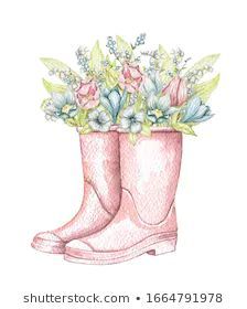 a pair of pink rain boots with flowers in the boot and text that reads, shutterstock com