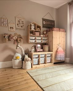 a child's room with toys and decorations on the wall