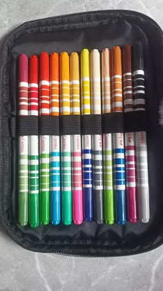 a black case filled with lots of different colored crayons