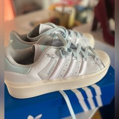 Like New Used 2 Times Adidas Bonega Platform White, Off White And Baby Blue. Platform. Size 8. Adidas Originals Shoes, Baby Blue Color, Shoes Adidas, Adidas Women, Womens Shoes Sneakers, Adidas Originals, Baby Blue, Shoes Sneakers, Like New