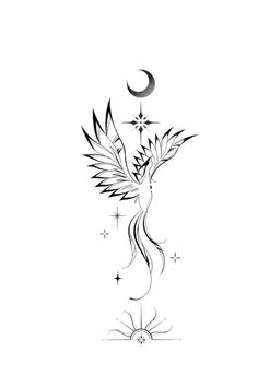 a black and white drawing of a bird flying in the sky with stars around it