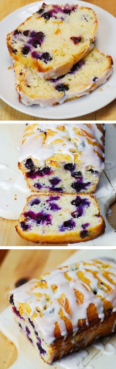 blueberry bread with icing on a white plate