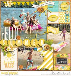 a scrapbook page with pictures and words about the summer holidays in yellow, white, and blue