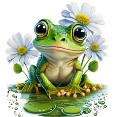 a green frog sitting on top of water with daisies