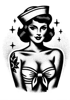 a black and white drawing of a woman wearing a sailor's hat with stars around her neck