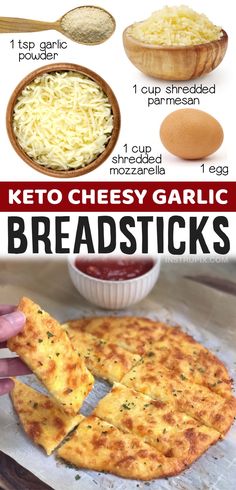 the instructions for making keto cheesy garlic breadsticks are shown here