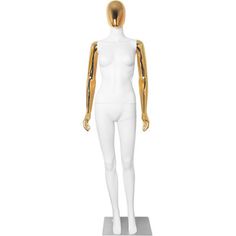 a female mannequin with gold colored arms and legs on a white base, viewed from the front