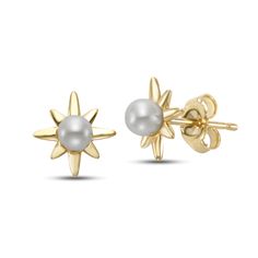 These darling freshwater cultured pearl starbust earrings feature two of these pearls in a radiant 14K yellow gold setting. | Freshwater Cultured Pearl Starburst Stud Earrings | 14K Yellow Gold | Helzberg Diamonds Elegant Star-shaped Pearl Earrings, Elegant Starburst Jewelry For Anniversary, Elegant Star-shaped Pearl Drop Earrings, Elegant Starburst Earrings For Anniversary, Elegant White Starburst Jewelry, Elegant Gold Starburst Jewelry, Elegant Starburst 14k Gold Jewelry, Elegant 14k Gold Starburst Jewelry, Helzberg Diamonds