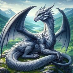 a white dragon sitting on top of a lush green hillside