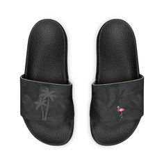 DESIGN Stride in urban sophistication and comfort with our Men's Slide Sandals featuring a bold and masculine Black Camo pattern, embellished with sleek Gray Palm Trees and a swanky Pink Flamingo! Crafted for the modern man, these slide sandals are the epitome of streetwear-inspired style and comfort, perfect for your beach outings, city strolls, or cruise adventures. Great gift for the surfer dude, beach, pool, cruise, resort lover, or the guy who has everything! PRODUCT - Designed with a ergonomic foot curvature that embraces your feet and toes for easy, all-day wear - Made with PU (Polyurethane) outsoles and polyester/neoprene strap to avoid chafing - Removable Straps - that can be snapped on and off to swap in different styles for any occasion CARE To give your slides a long life we re Black Slip-on Sport Sandals For Beach Season, Black Slip-on Slides For Beach Season, Black Summer Sport Sandals For Beach Season, Black Slide Sport Sandals For Vacation, Black Slides For Beach, Black Sandals For Summer Travel, Black Travel Sandals For Summer, Black Slide Flip Flops For Vacation, Black Summer Slides For Vacation