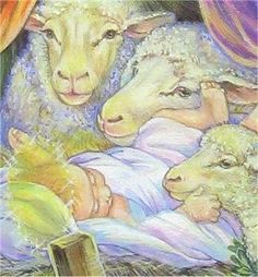 an image of the birth of jesus with sheep and lambs in it's arms