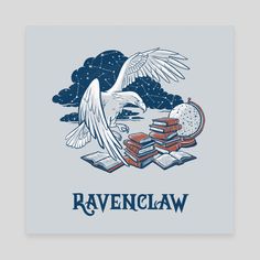 the ravenclaw logo with books and an eagle flying over it on a gray background