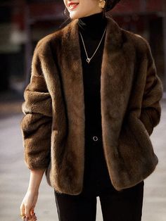 Tabac  Collar Manches longues Étoffe Unicolore  Embellished Pas de l'extensibilité Fur Coat Street Style, Fur Jacket Outfit, Fuzzy Coat, Teddy Jacket, Casual Winter Outfits, Fall Fashion Trends, Casual Style Outfits, Faux Fur Coat