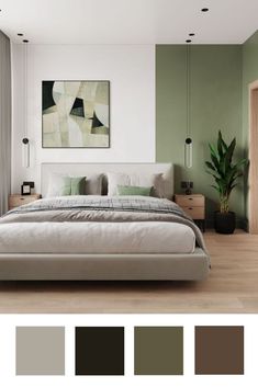 a large bed sitting in a bedroom next to a painting on the side of a wall