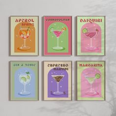 four different types of cocktail posters on a wall