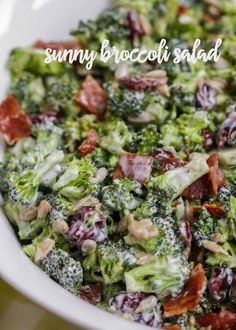 broccoli salad with bacon in a white bowl