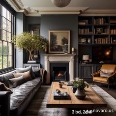 a living room filled with furniture and a fire place in front of a book shelf