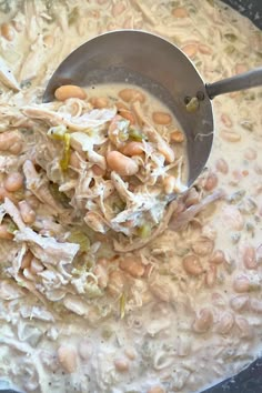 a pot filled with white beans and chicken in sauce being stirred by a ladle