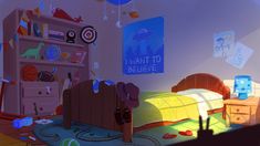 an animated bedroom with toys and decorations on the walls