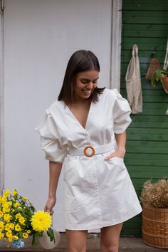 New Esendy summer white dress 🌸 The dress made of cotton and can be custom made according your size and color preference. DETAILS: - mini dress with long puff sleeves (the cuffs made with a soft elastic inside and closed by buttons which help to adjust the sleeves length) - v-neckline  - front invisible buttons - fully lined - belt - two front pockets The model is wearing S/M size The model is: 87\63\92 cm ( bust- 34,25/ waist- 25/ hips- 36,22 ) height 1.70 m (5' 7'') SIZE GIDE: the dress has a White Cotton Summer Dress, Summer Dress Mini, Custom Made Dress, Cotton Summer Dress, Made Dress, Cotton Dress Summer, White Dress Summer, Long Puff Sleeves, Dress Mini