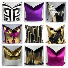 six different types of pillows with gold and purple designs on the front, black and white pillow