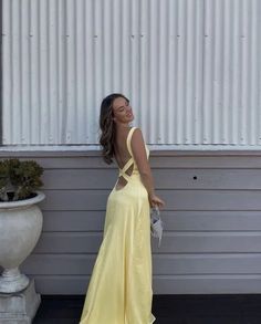 Prom Dress Inspiration Yellow, Fancy Prom Dresses Long Ball Gown, Prom Dresses Light Yellow, Andie Anderson Yellow Dress, Backless Satin Prom Dress, Andie Anderson Outfits, Prom Yellow Dress, Yellow Ball Dress, Pale Yellow Prom Dress