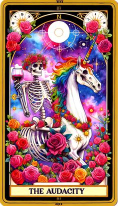 a card with a skeleton riding a unicorn