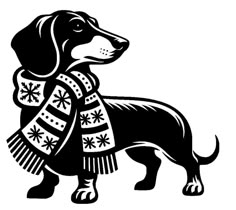 a black and white drawing of a dog wearing a sweater with snowflakes on it