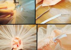 four different pictures showing how to sew the fabric and tie it together with scissors