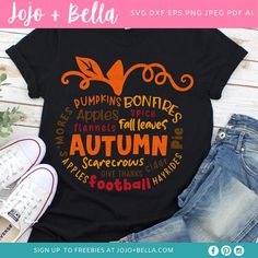 a t - shirt with the words pumpkins, apples, spices and autumn on it