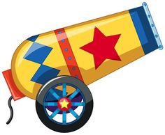 a yellow cannon with red star on the top and blue wheels is shown in this cartoon