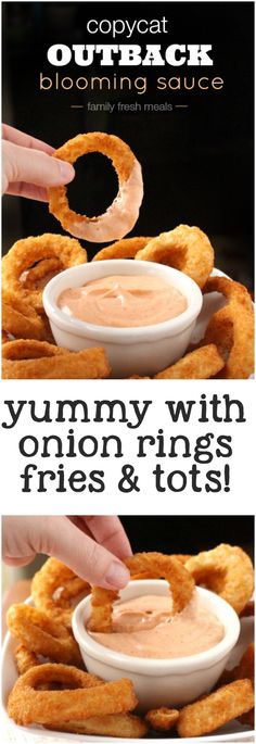 onion rings with dipping sauce on them