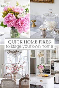 four pictures with pink flowers in vases and white cabinets, including a dining room table