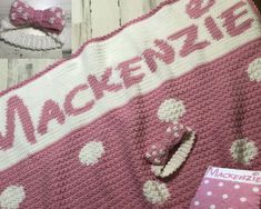 a crocheted baby blanket with pink and white polka dots on it, next to a pair of slippers