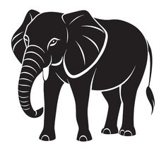 an elephant with tusks standing in the middle of it's body, black and