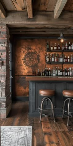 a bar with two stools in front of it