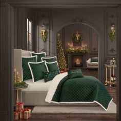 a bedroom decorated for christmas with green and white bedding