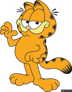 garfield the cat cartoon character waving his hand with one eye open and two hands in the air