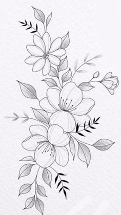 a black and white drawing of flowers with leaves on the bottom half of their petals