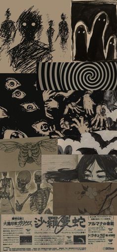 collage of various images with black and white ink on paper, including an image of people