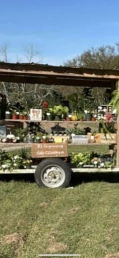 an old wooden cart filled with lots of plants