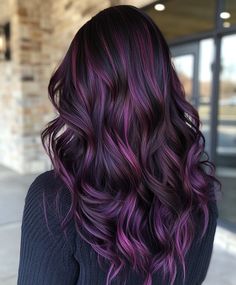 Deep Plum Curls Plum Hair Highlights On Black Hair, Fall Purple Hair Color, Black And Purple Hair Dye Ideas, Dark Hair Colors For Fall Deep Purple, Fall Hair With Purple, Dark Hair Purple Undertone, Fall Hair Colors For Black Hair, Plum Hair With Highlights, Fall Purple Hair