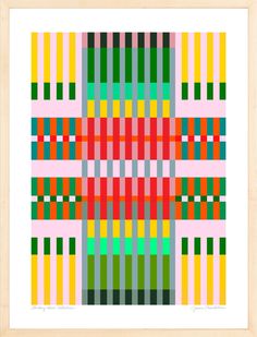 an art print with multicolored squares and lines on it's sides, all in different colors