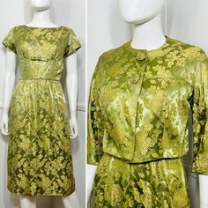 "Mid Century vintage celadon green and metallic gold brocade dress and jacket set from Lord + Taylor. Beautiful green rayon brocade with an all over metallic cold rose brocade. Demure silhouette with a wide scoop neckline. Short sleeves. Structured shelf bust with a flat bow at center front. Nipped natural waist. Fitted wiggle skirt. Nylon zipper up the back. Matching cropped bolero jacket. 3/4 length sleeves. Swirled rosette oversized buttons. Lined in acetate. { LABEL- FABRIC- TAG SIZE } No makers label- only Lord + Taylor Fifth Avenue Store Label Rayon Brocade | Acetate No size tags { MEASUREMENTS } Shown on a 5'8\" Mannequin with 33\" Bust- 25\" Waist- 35\" Hips  Bust- 37\" Waist- 25\" Bodice- 16\" Sleeves- 5.5\" Hips- 36\" Dress Length- 42\" Jacket Sleeves- 15\" Length of Jacket- 15\" Gold Brocade Dress, Dress And Jacket Set, Brocade Dress, Gold Brocade, Celadon Green, Dress And Jacket, Brocade Dresses, Bolero Jacket, Mid Century Vintage