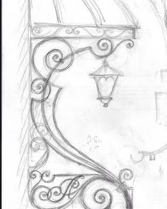 a drawing of a lamp post with swirly vines and scrolls on the outside wall