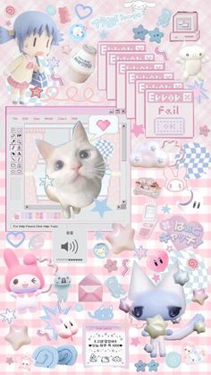 an image of a cat surrounded by stickers and other items on a pink checkered background