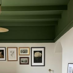 a bedroom with green painted ceilings and pictures on the wall above it, along with a bed