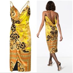 Nwt: Versace Baroque Print Dress Size: 38 Versace Goes Beyond Utilising The Actual Brand Name To Represent Their Rich Italian Heritage And Contemporary Design Vision Through Instantly-Recognisable House Codes. The Baroque Pattern Is One Of These Iconic Hallmarks, Continuing To Evolve Throughout The Seasons, As Seen Here On This Yellow Strappy Dress. Featuring Spaghetti Straps, A Wrap Style Front, A Ruched Waist And A Knee Length. Made In Italy Outer: Silk 100% Lining: Acetate 71%, Silk 29% Yellow V-neck Midi Dress For Evening, Luxury Baroque Print Dress, Elegant Silk Dress With Baroque Print, Yellow Fitted Midi Dress For Gala, Fitted Yellow Midi Dress For Gala, Elegant Yellow V-neck Midi Dress, Elegant Yellow Midi Dress For Gala, Elegant Yellow Silk Dress, Yellow Silk Gala Dress