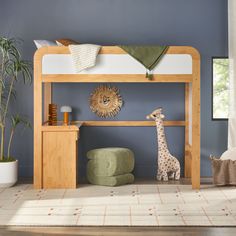 a child's bedroom with a wooden bunk bed and giraffe stuffed animal